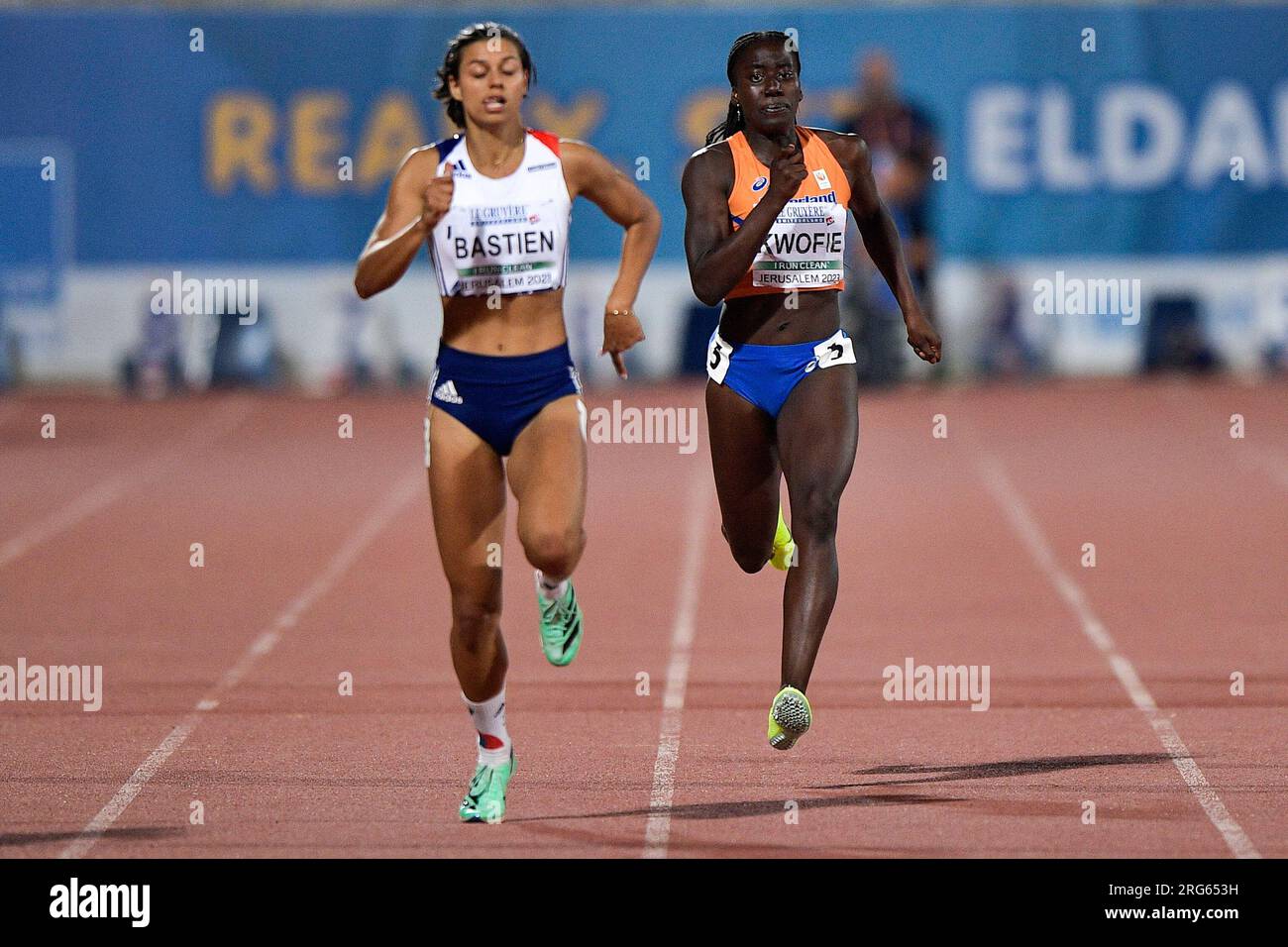 Jérusalem, Israël. 07 août 2023. JÉRUSALEM, ISRAËL - 7 AOÛT : Shantell Kwofie des pays-Bas lors du 200m Heptathlon féminin le jour 1 des Championnats d'Europe d'athlétisme U20 Jérusalem le 7 août 2023 à Jérusalem, Israël. (Photo de Pablo Morano/Agence BSR) crédit : Agence BSR/Alamy Live News Banque D'Images