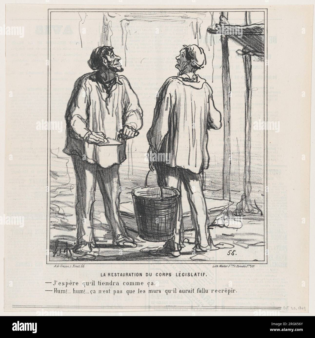 La restauration du corps législatif : –espérons qu’il tiendra ainsi. -Hum... hummm ! Peut-être ne suffisait-il pas de recoller les murs., extrait de « nouvelles du jour », publié dans le Charivari, octobre 20, 1869 20 octobre 1869 par Honoré Daumier Banque D'Images