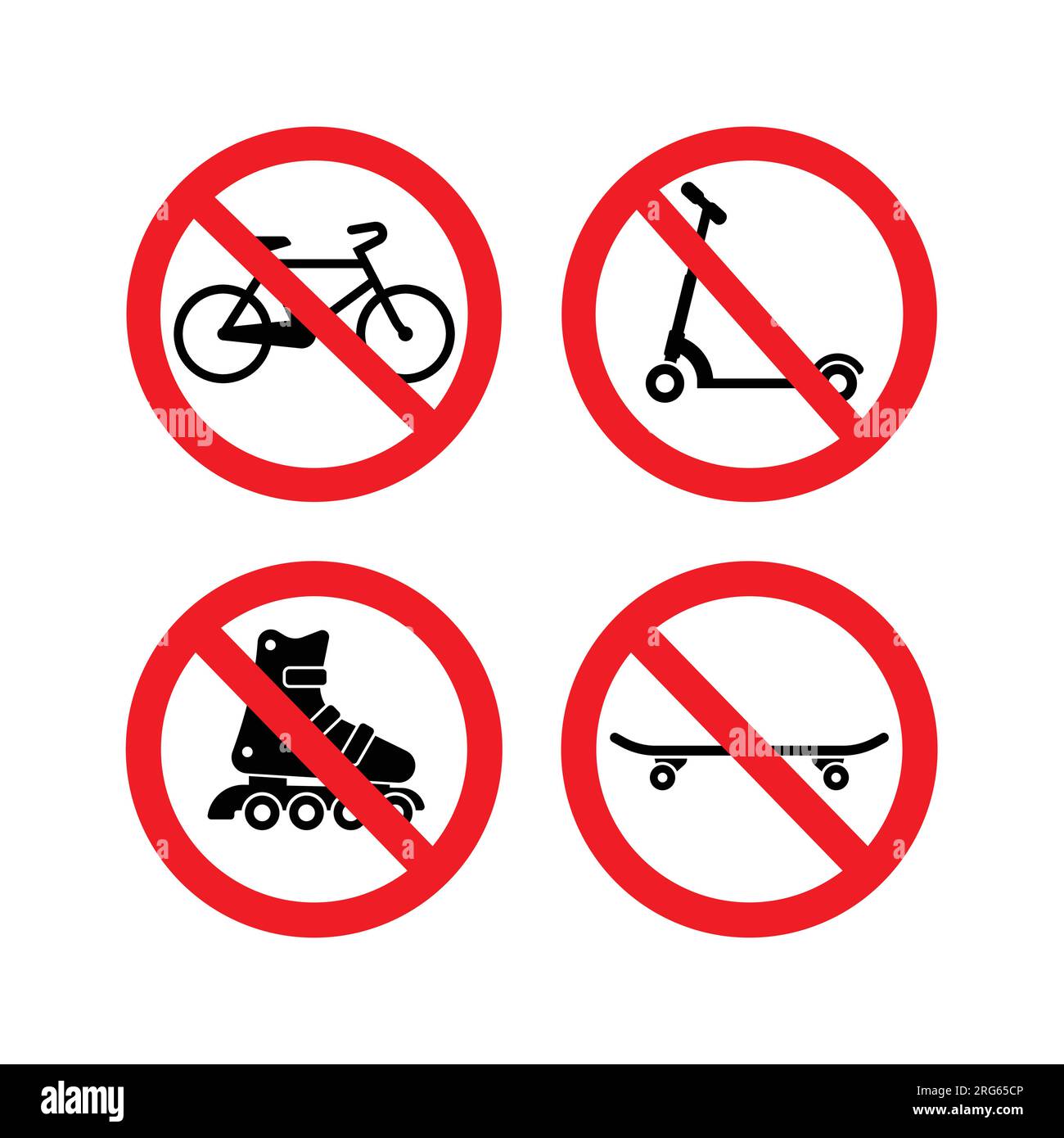 pas de vélos skateboards rollerskates scooters autorisés symbole de signe classique simple dans le vecteur de barre oblique de cercle rouge isolé sur fond blanc Illustration de Vecteur