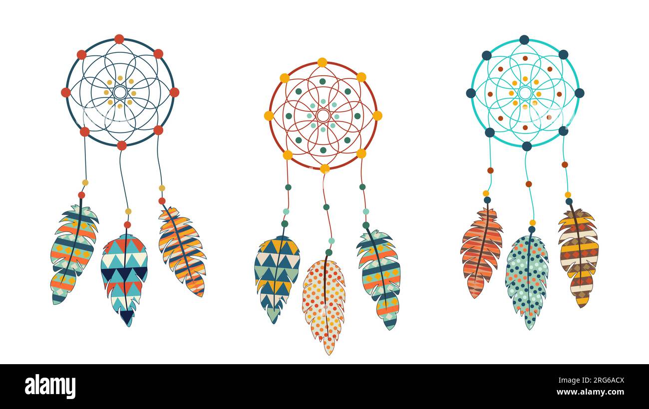 Ensemble de capteurs de rêve amérindiens. Mandala et plumes. Culture indienne. Talisman spirituel ethnique. Spiritualisme. Style bohémien plat. Hanche taille basse Illustration de Vecteur