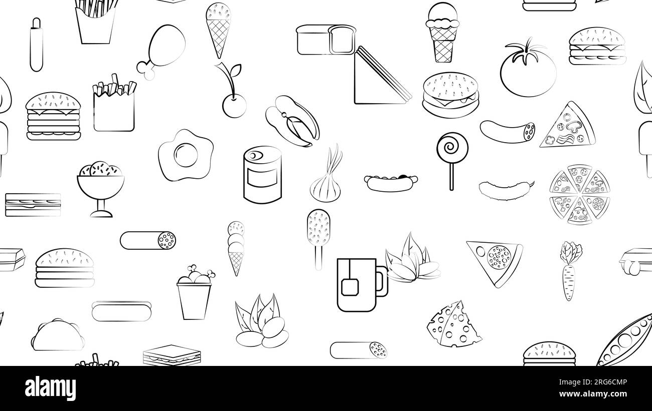 Motif sans fin noir et blanc d'icônes d'articles de nourriture et de snack mis en place pour le café de bar de restaurant : restauration rapide, cheat viande, hamburger, pizza, hot-dog, san Illustration de Vecteur