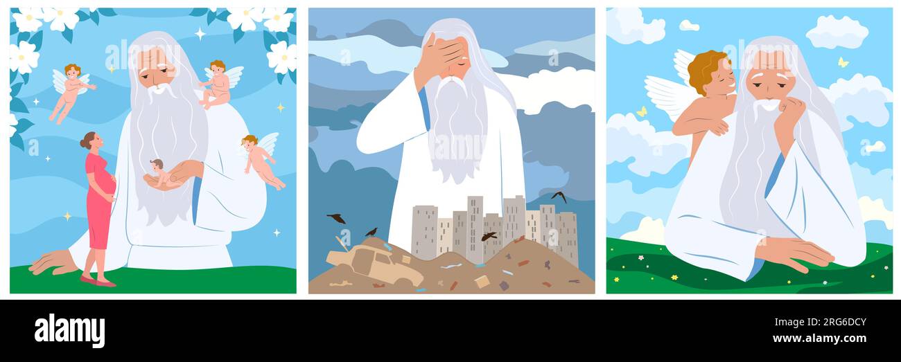 Dieu père ensemble de trois compositions carrées montrant la création du monde et des anges volants dans l'illustration vectorielle des nuages Illustration de Vecteur