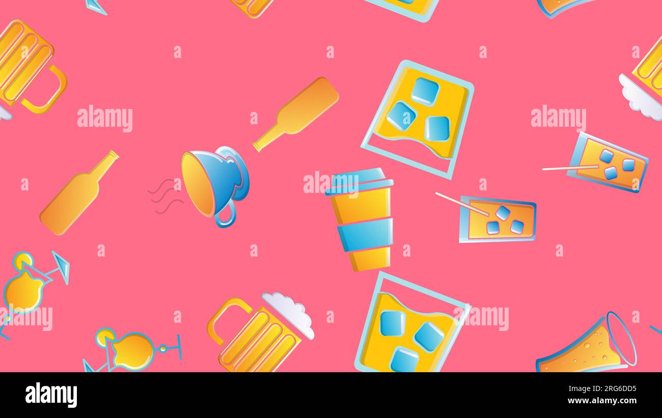 Un motif sans fin composé de magnifiques verres en verre et de délicieux cocktails alcoolisés avec glace et pailles avec citrons et bière pour une fête sur un dos rose Illustration de Vecteur