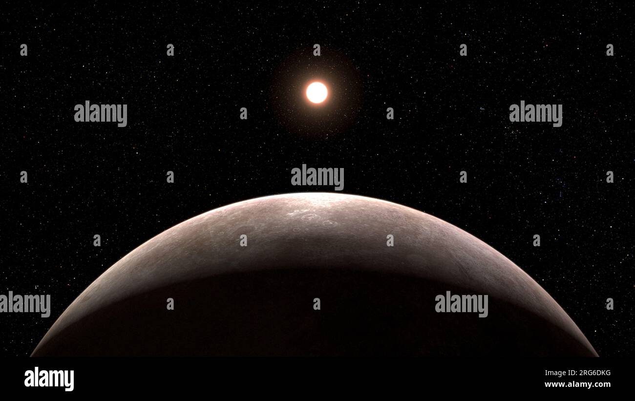 Concept artistique de l'exoplanète rocheuse LHS 475 b et de son étoile hôte. Banque D'Images