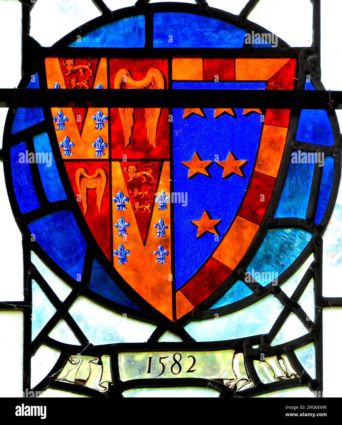 Stanhoe Church, Norfolk, Armoiries d'Edward Seymour de Berry Pomeroy, Devon, 1582, vitrail, fenêtre ronde, héraldique, dispositif de bouclier héraldique, Angleterre Banque D'Images