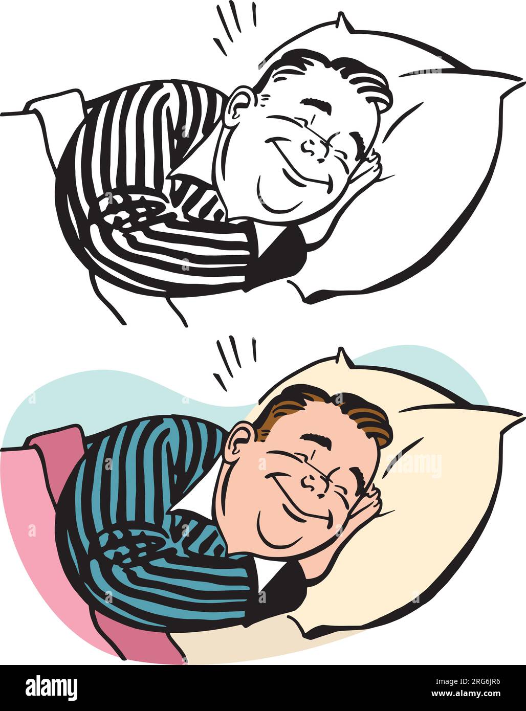 Un dessin animé rétro vintage d'un homme dormant contentement dans son lit. Illustration de Vecteur