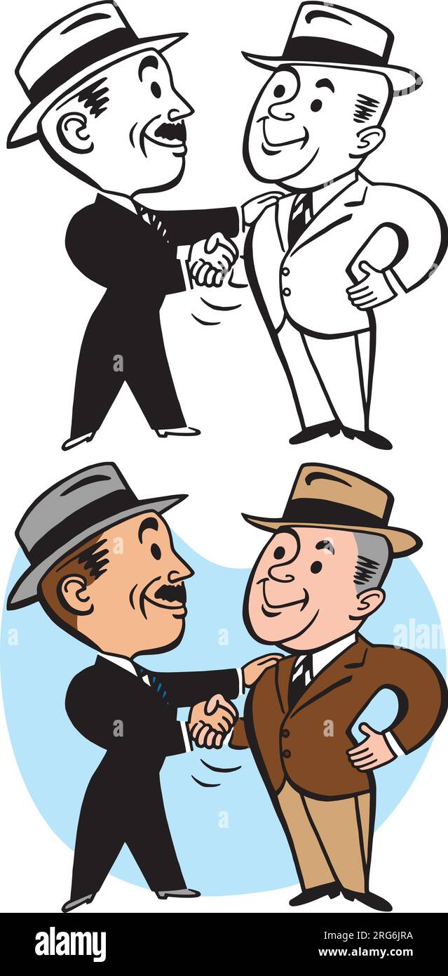 Un dessin animé rétro vintage de deux hommes d'affaires se serrant la main et faisant une affaire d'affaires. Illustration de Vecteur