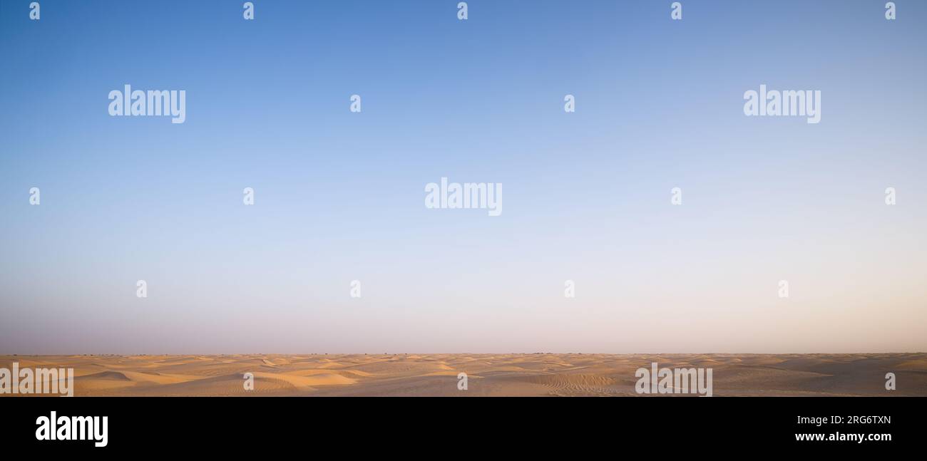 Vaste paysage désertique dans le Sahara, Tunisie, avec des dunes de sable sans fin sous un ciel bleu clair, une scène de voyage minimaliste en Afrique du Nord Banque D'Images