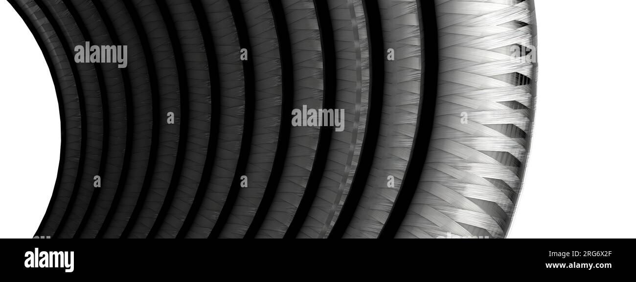 Un arrière-plan d'une image de rendu 3D élégante et moderne avec des cercles dynamiques sur les câbles en fibre de carbone isolés gris foncé. Illustration 3D de haute qualité Banque D'Images