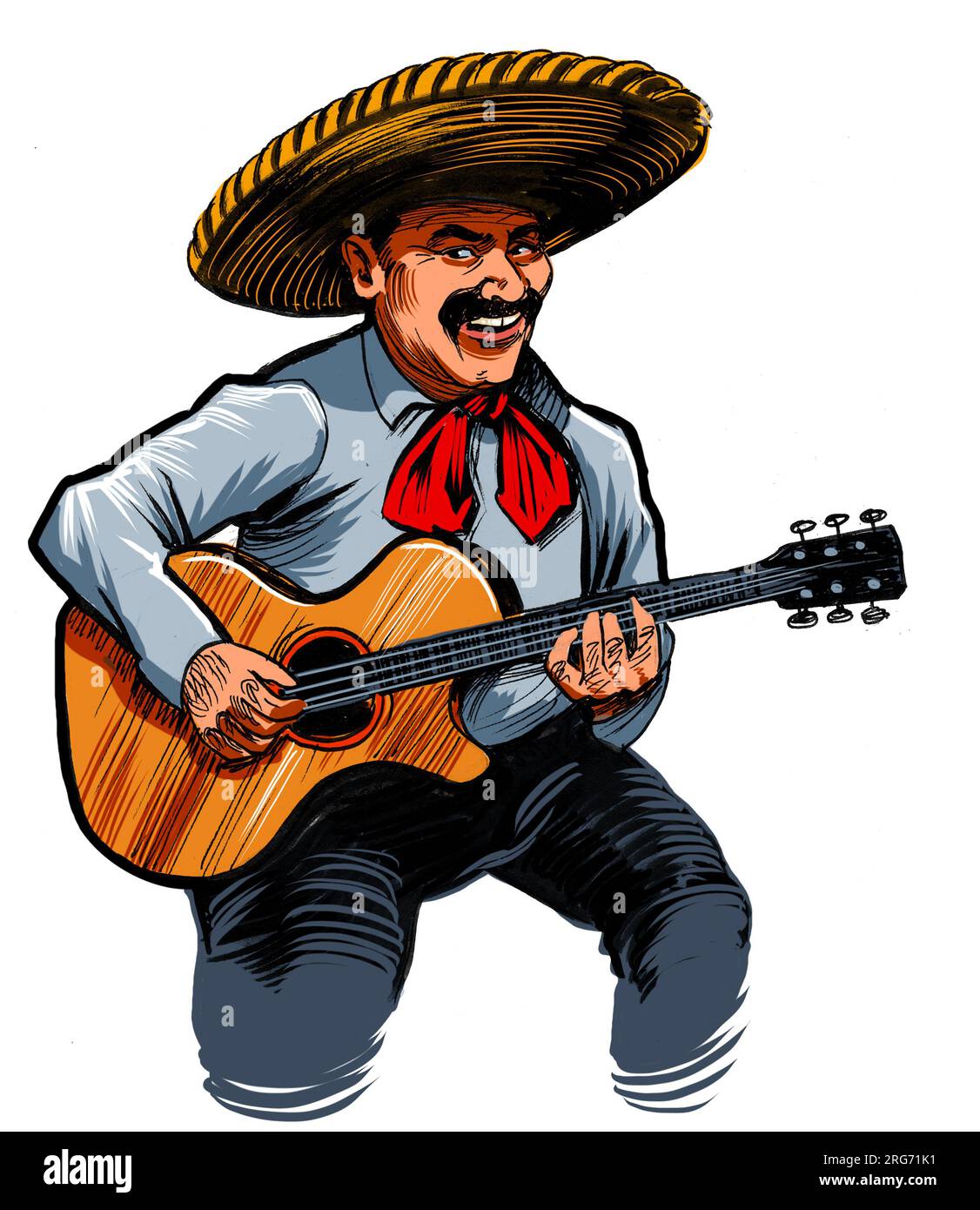 Musicien mexicain jouant de la guitare. Encre dessinée à la main sur papier et couleur à la main sur tablette Banque D'Images