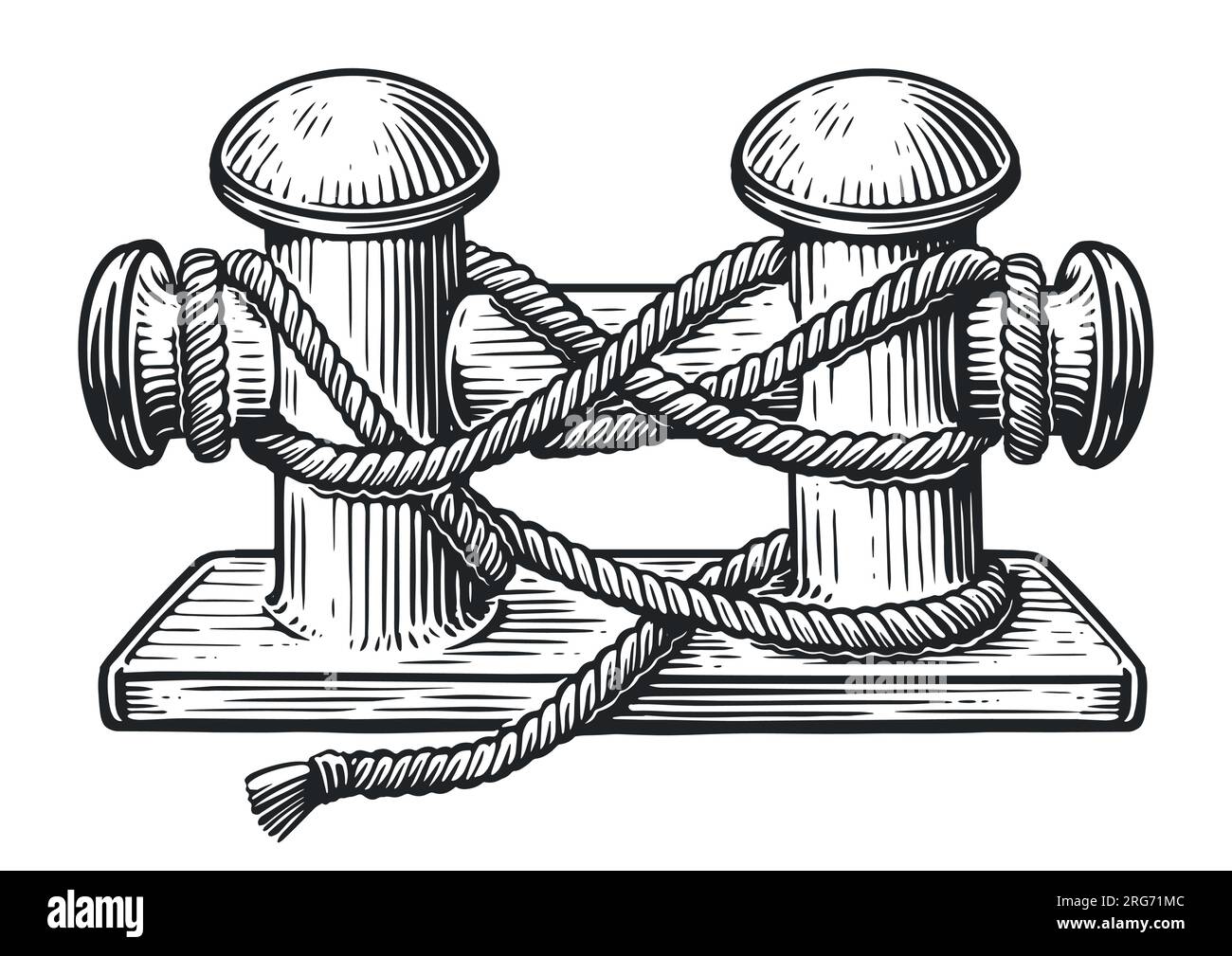 Vieux bollard marin avec corde attachée sur la jetée. Illustration vectorielle vintage dessinée à la main Illustration de Vecteur