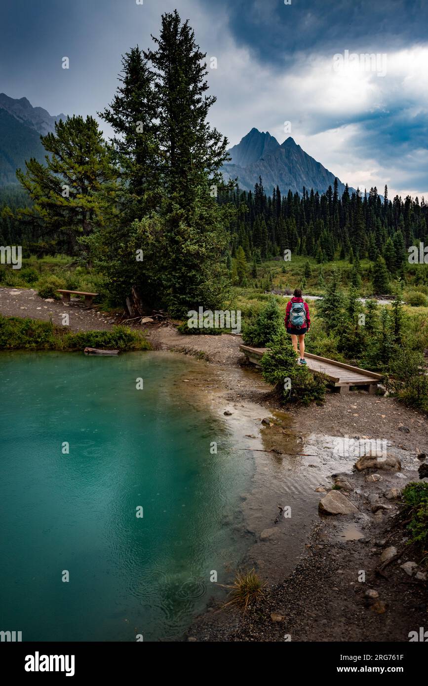 Backpacker Woman admire les pots d'encre scintillants, les prairies verdoyantes et les piscines vibrantes s'unissent sous une douce bruine, créant une symphonie sereine de beauté. Banf Banque D'Images