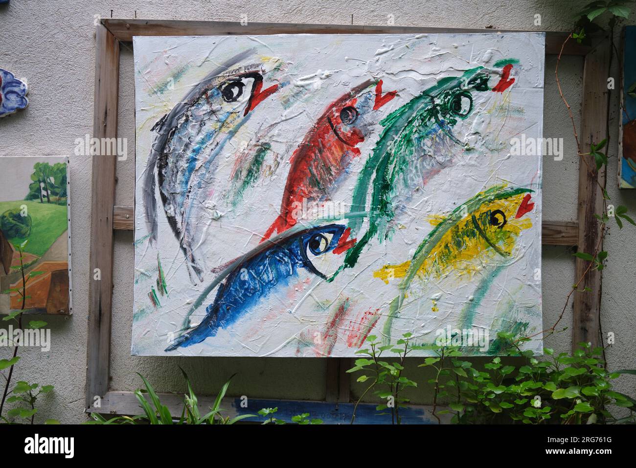 Peinture avec poissons dans Art Shop dans le quartier le Panier Marseille France Banque D'Images