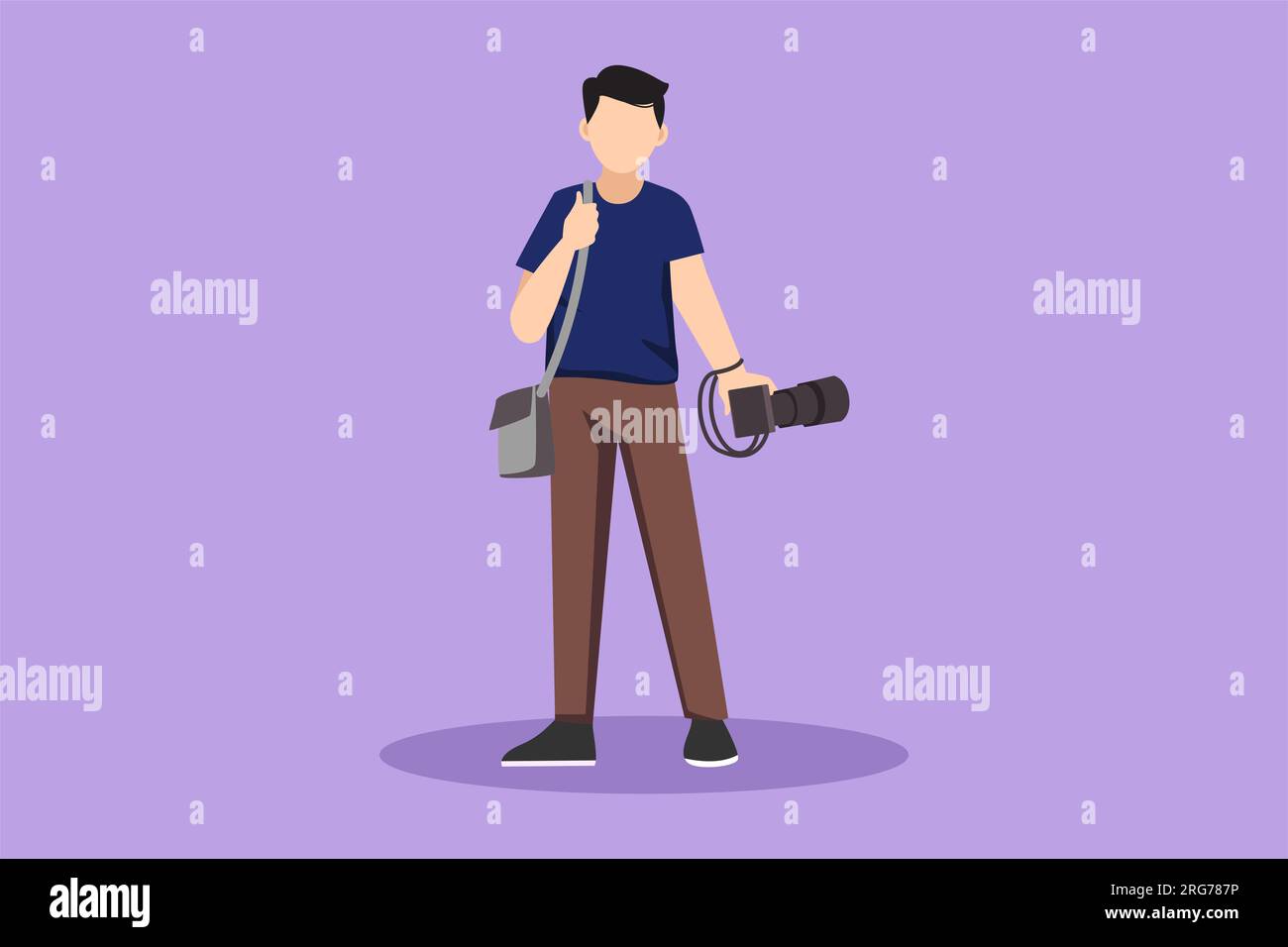 Dessin de style plat de dessin de dessin jeune photographe masculin debout et tenant l'appareil photo avec sac dans le studio de photo. Photographe utilisant un appareil photo professionnel pour ta Banque D'Images