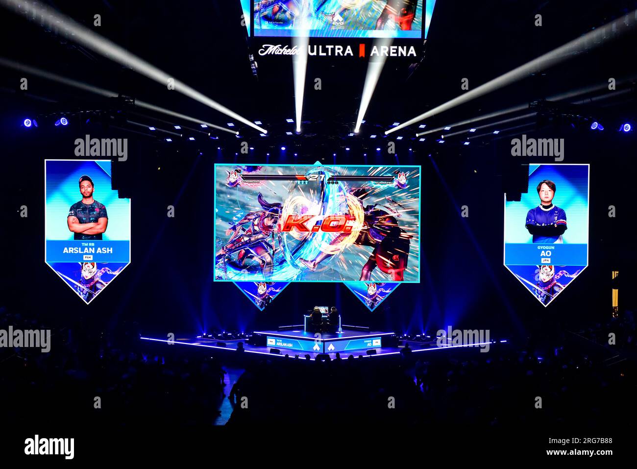 Las Vegas, Nevada, le 6 août 2023 – Arslan Ash bat AO lors de la finale de Tekken 7 lors du championnat EVO Grand final, le jour 3 des Evolution Games 2023 Banque D'Images