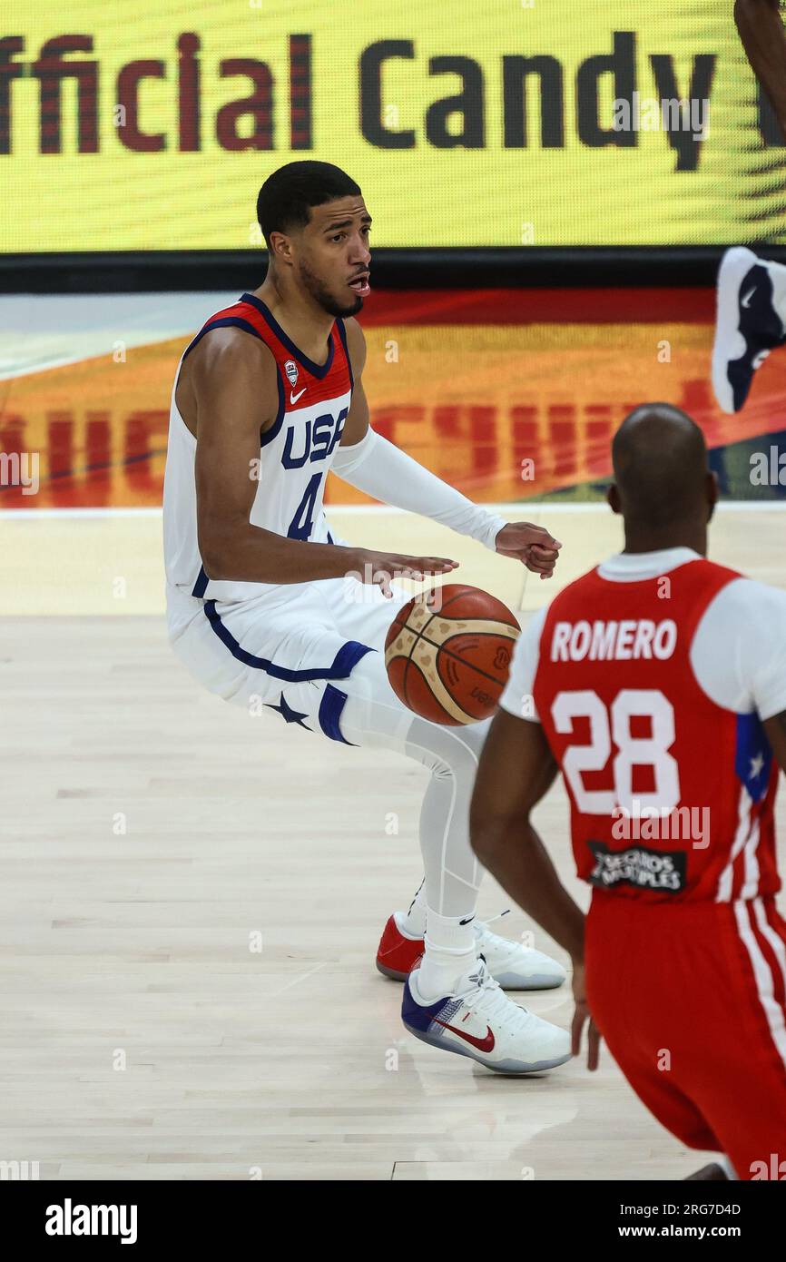 7 août 2023 : le gardien américain Tyrese Haliburton (4 ans) dribble le ballon lors de la seconde moitié du USA Basketball Showcase mettant en vedette les USA vs Porto Rico au T-Mobile Arena le 7 août 2023 à Las Vegas, NV. Christopher Trim/CSM. Banque D'Images