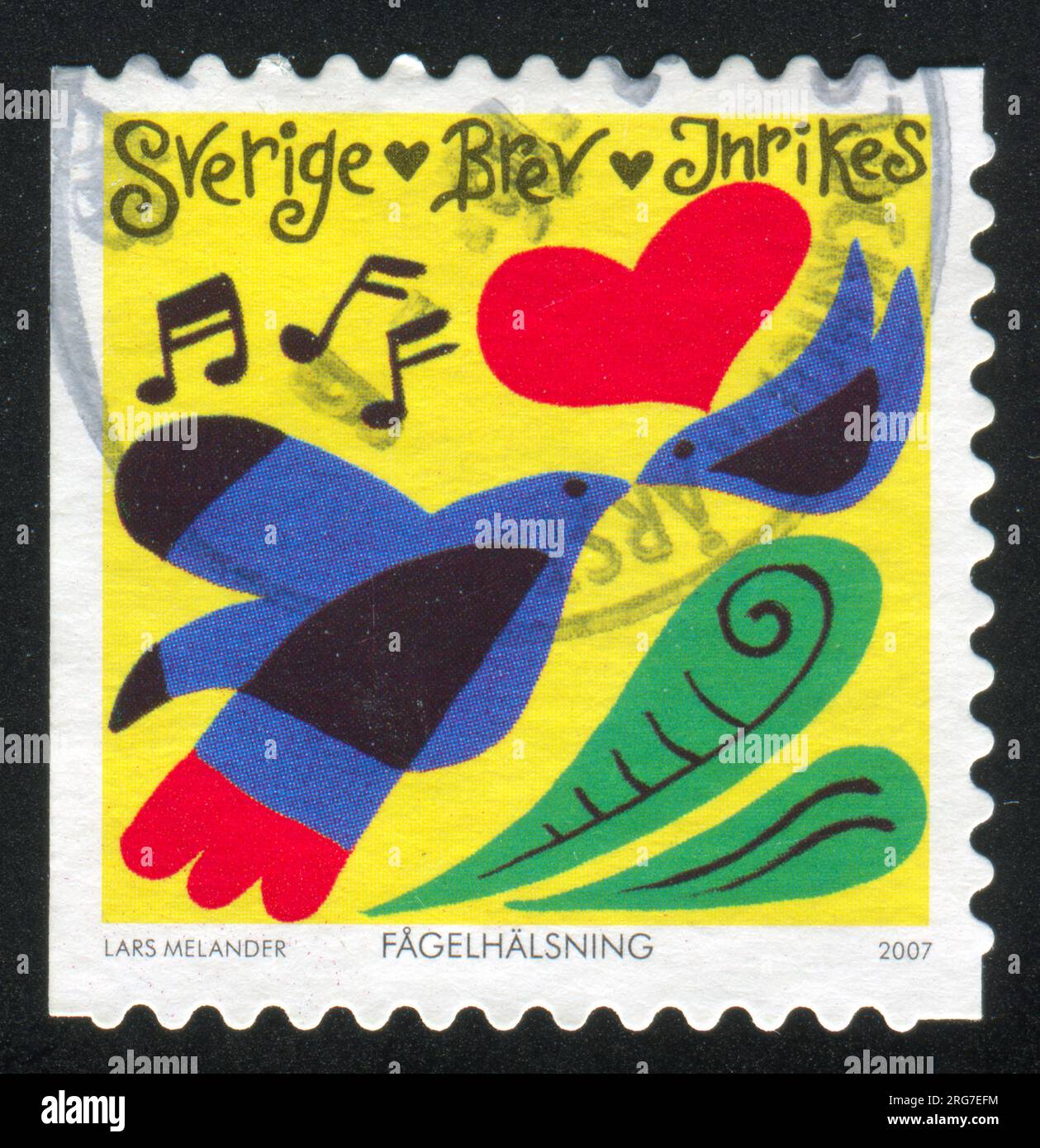 RUSSIE KALININGRAD, 14 SEPTEMBRE 2013 : timbre imprimé par la Suède, montrant oiseaux, coeur, notes de musique, vers 2007 Banque D'Images