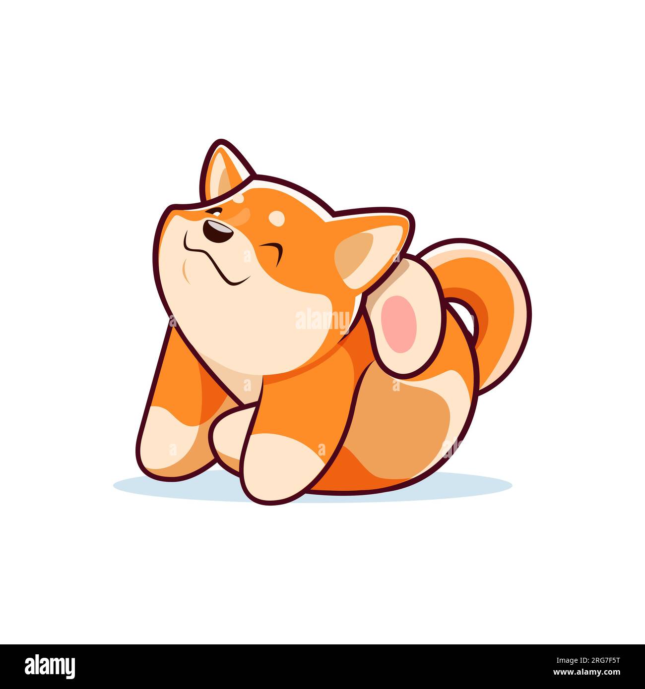 Dessin animé Happy shiba inu chien personnage, mignon kawaii animal de compagnie avec une expression ludique, grattant son oreille avec une patte. Vector Charming scène capture la nature attachante de nos amis à fourrure Illustration de Vecteur