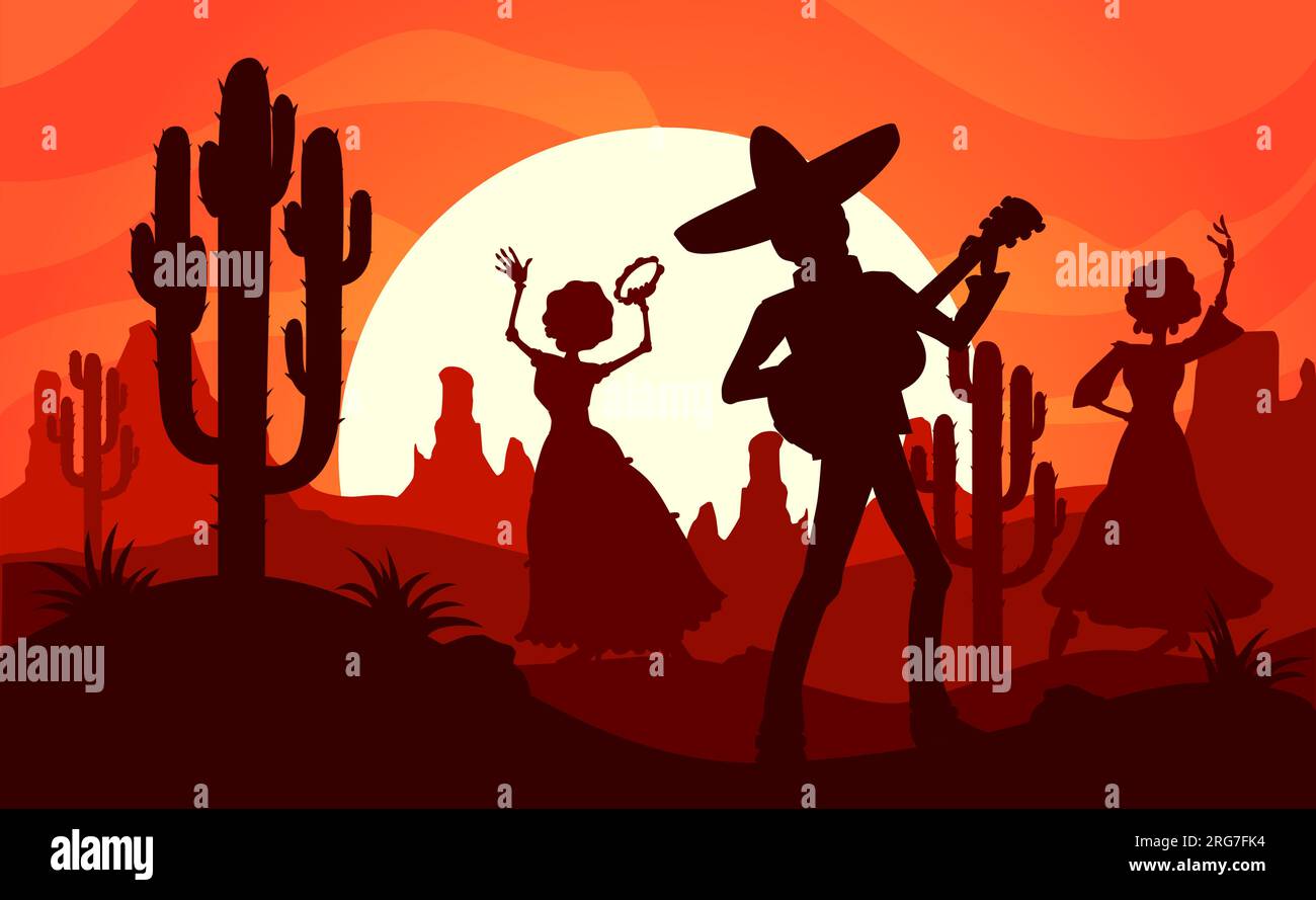 Paysage de coucher de soleil du désert mexicain. Silhouettes de mariachi musicien et femme dansante. Scène festive vectorielle de célébration traditionnelle des fêtes au Mexique avec des figures masculines et féminines au crépuscule désert Illustration de Vecteur