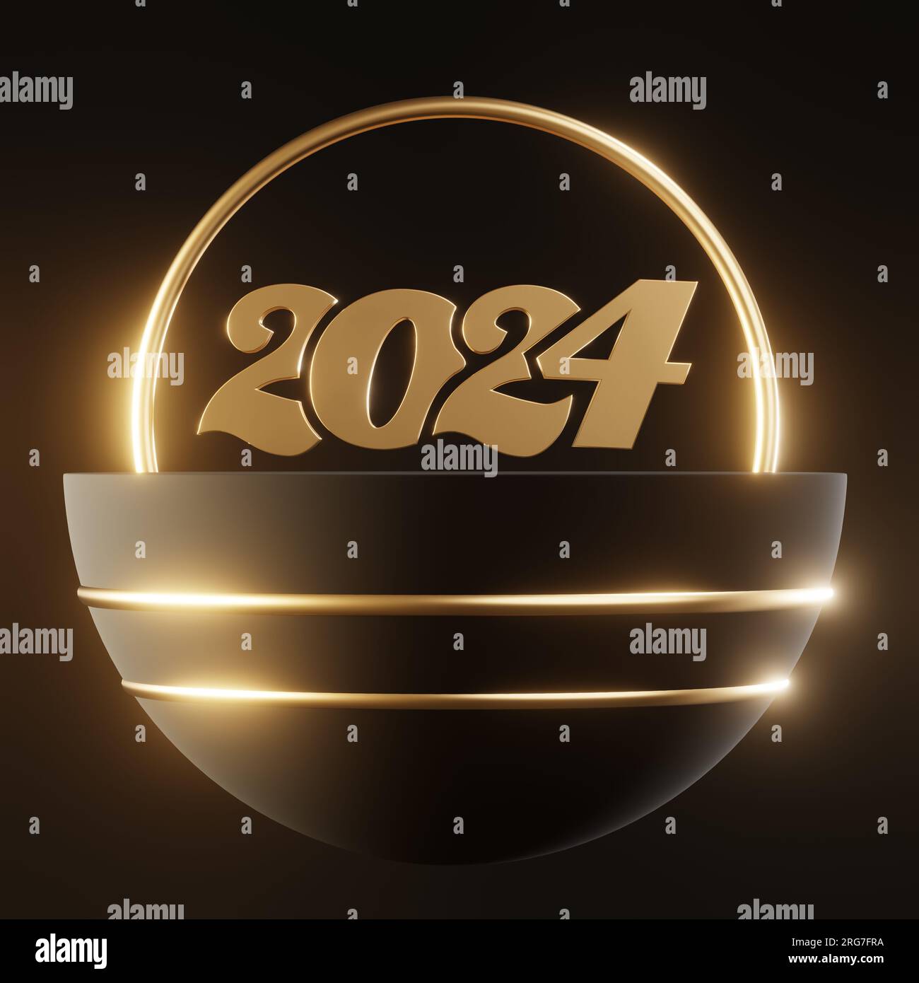 Golden 2024 sur fond noir avec décoration dorée, image concept nouvel an, rendu 3D. Banque D'Images