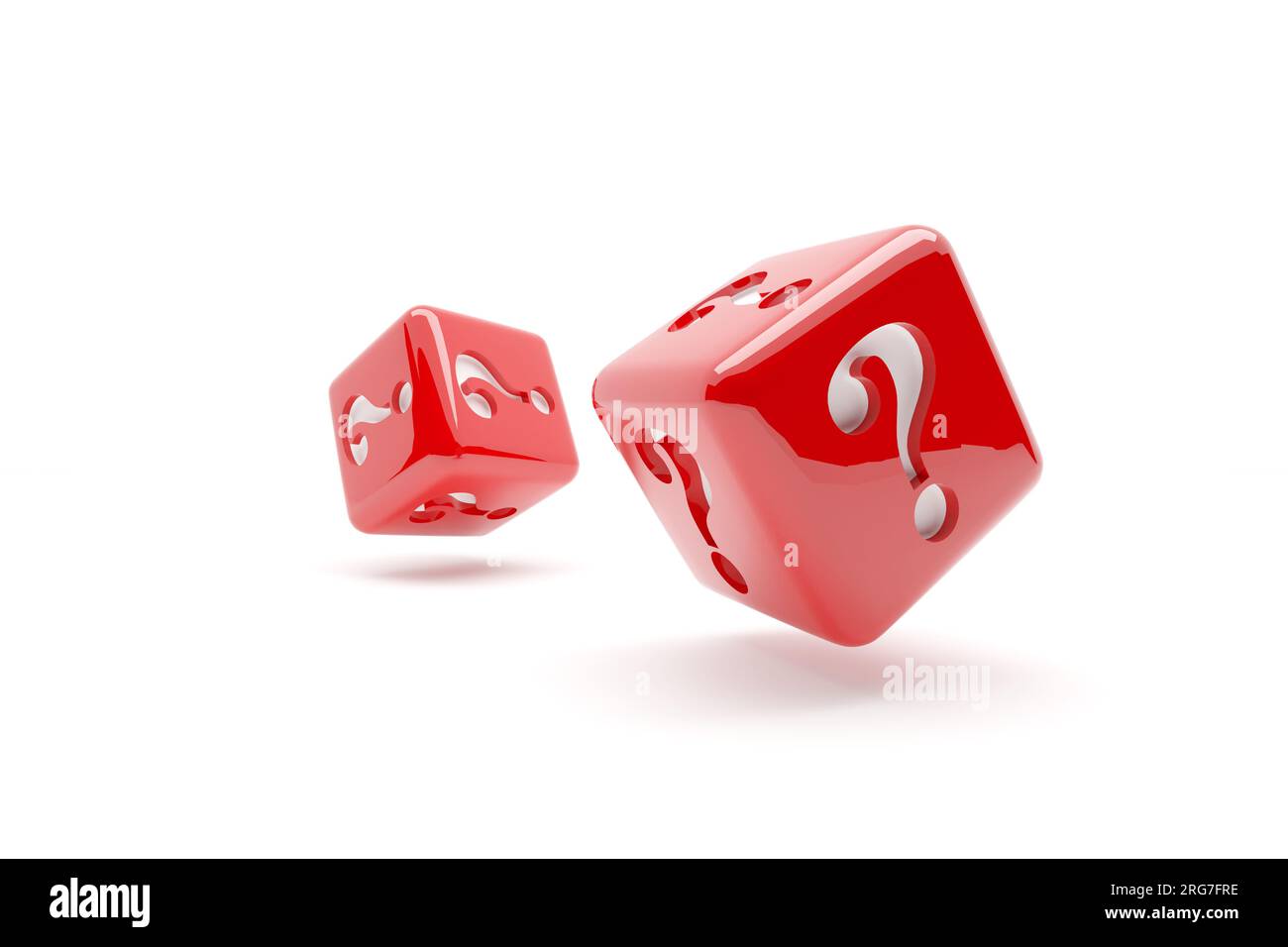 Deux dés rouges avec des points d'interrogation sur fond blanc, concept FAQ, rendu 3D. Banque D'Images