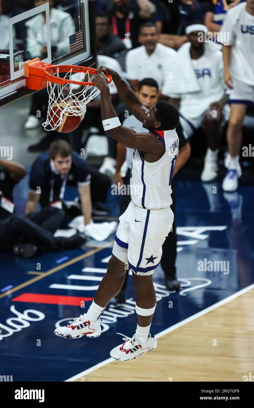 7 août 2023 : le gardien américain Anthony Edwards (10 ans) dunks le ballon lors de la première moitié du USA Basketball Showcase mettant en vedette les USA vs Porto Rico au T-Mobile Arena le 7 août 2023 à Las Vegas, NV. Christopher Trim/CSM. Banque D'Images