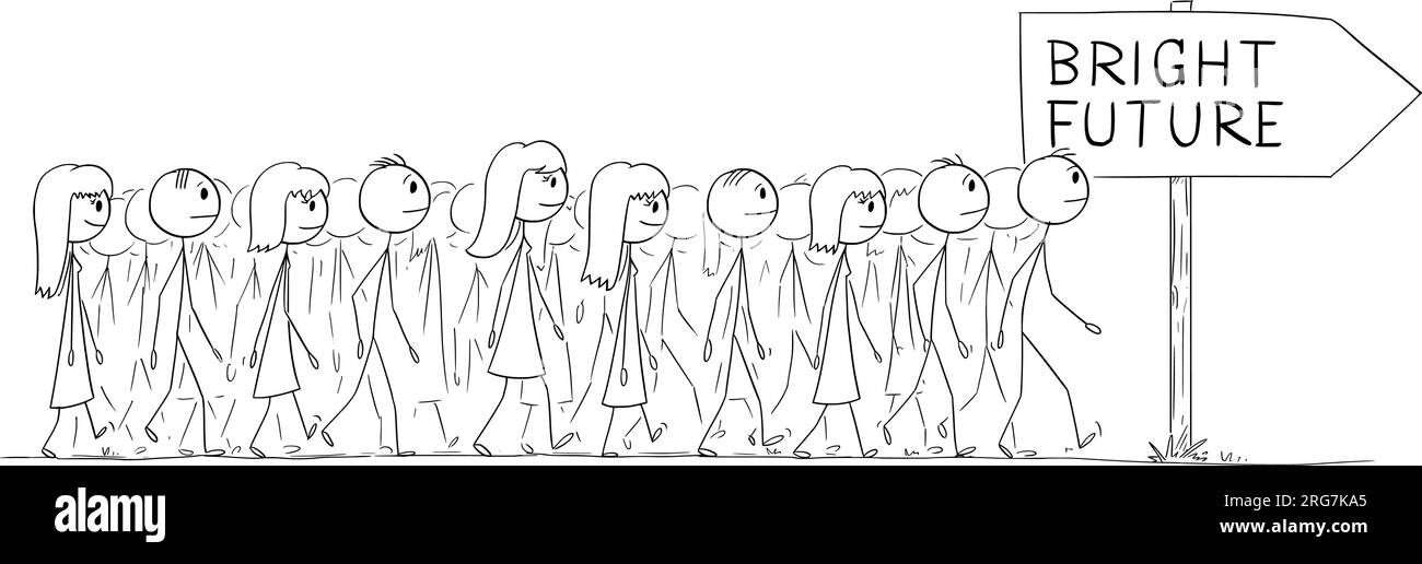 Groupe ou foule de personnes marchant ensemble vers un avenir brillant, figure de bâton de dessin animé vectoriel ou illustration de personnage Illustration de Vecteur