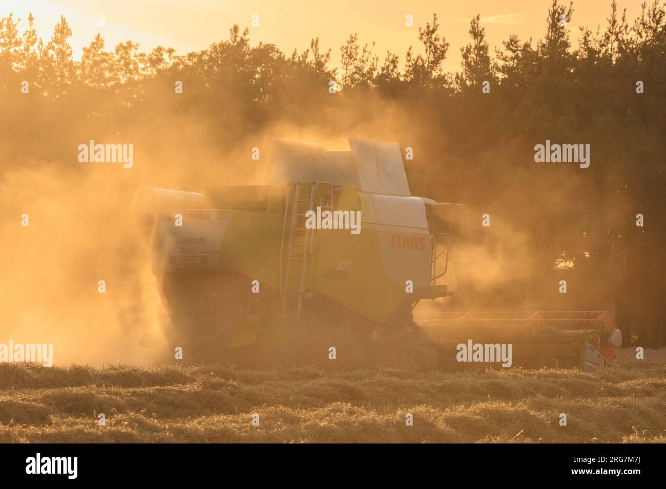 Langtoft, Lincolnshire, Royaume-Uni. 7 août 2023 UK Météo. Les agriculteurs profitent d'une pause dans le temps et récoltent de l'orge sous le soleil de fin de soirée dans le Lincolnshire crédit photo : Tim Scrivener/Alamy Live News Banque D'Images