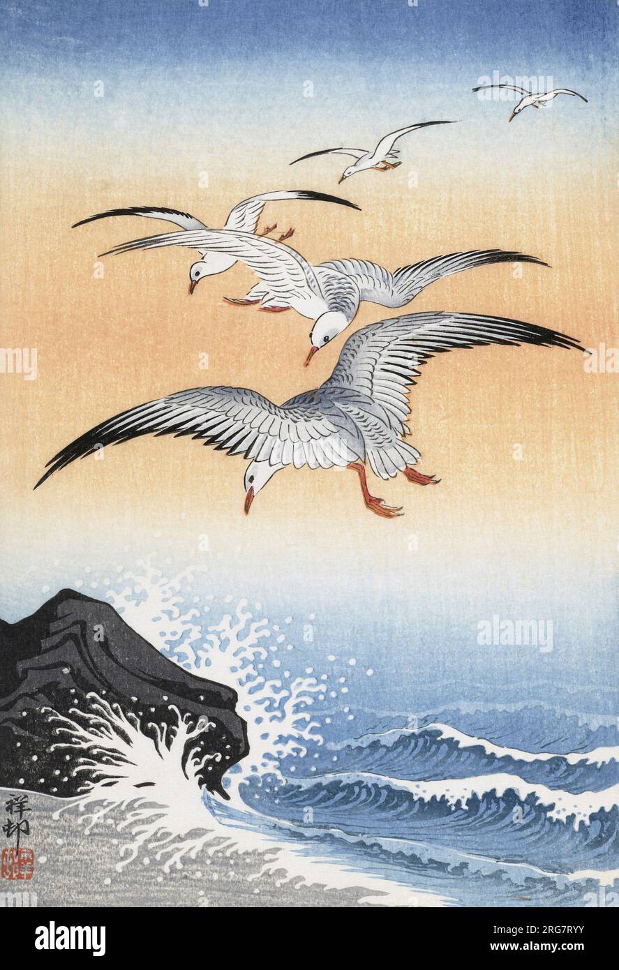 Five Seagulls Above a turbulent Sea de l'artiste japonais Ohara Koson, 1877 - 1945. Ohara Koson faisait partie du Shin-Hanga, ou mouvement des nouvelles gravures. Banque D'Images
