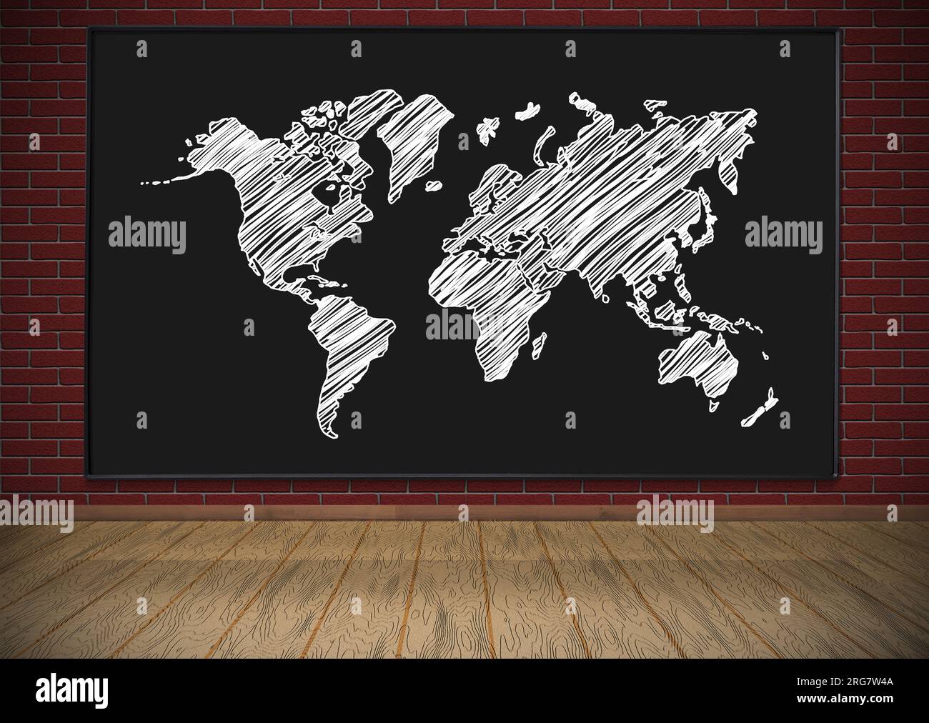 Tableau noir avec carte du monde dessin accroché sur mur de brique rouge Banque D'Images