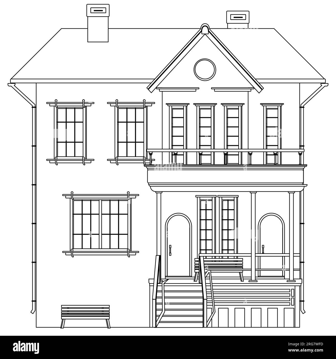 Contour maison de deux étages avec porche et balcon isolé sur fond blanc. Clipart vectoriel. Illustration de Vecteur