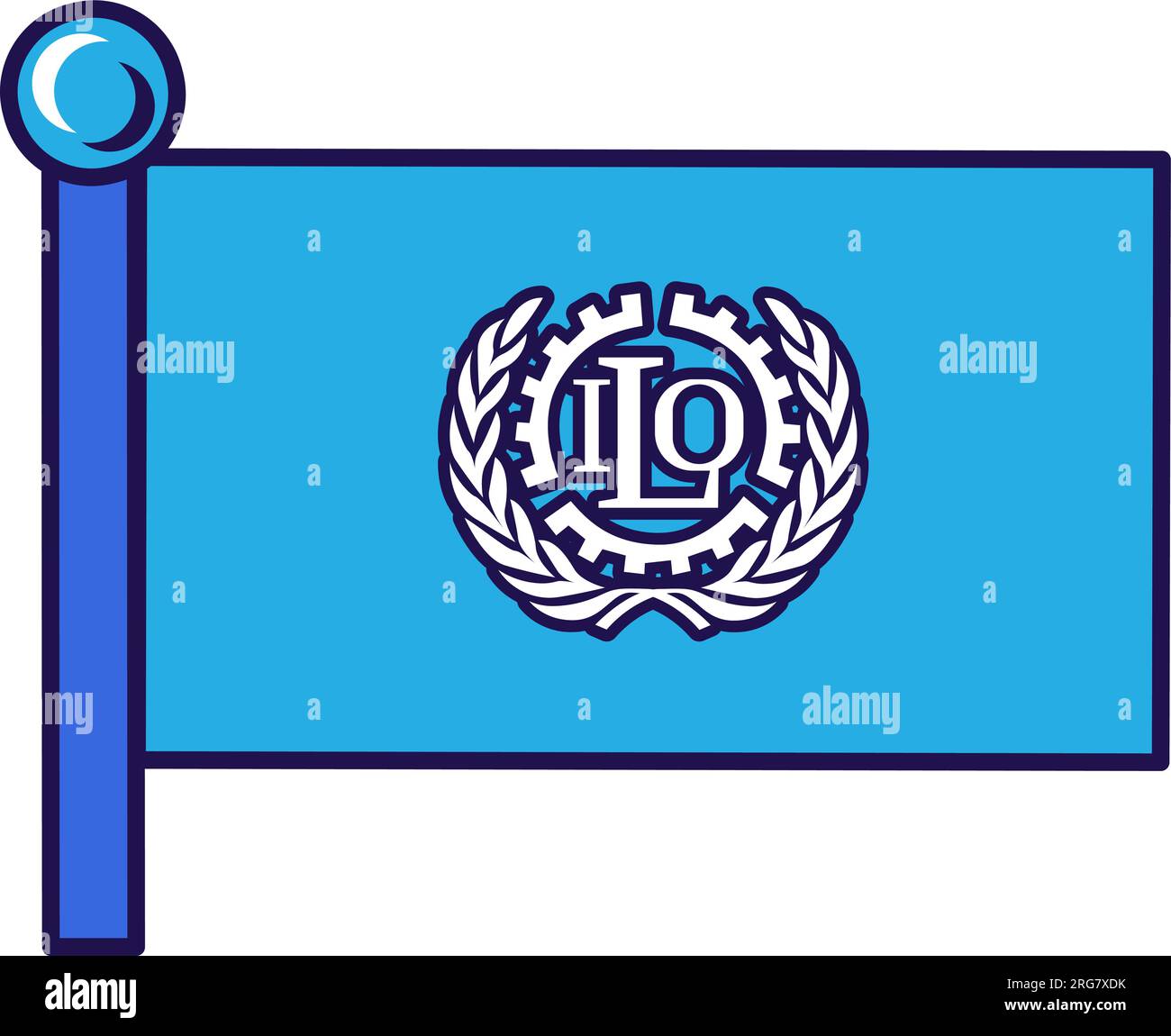 Drapeau de l'Organisation internationale du travail sur mât pour l'enregistrement d'un événement solennel, rencontre d'invités étrangers. OIT Organisation internationale du travail Uni Illustration de Vecteur