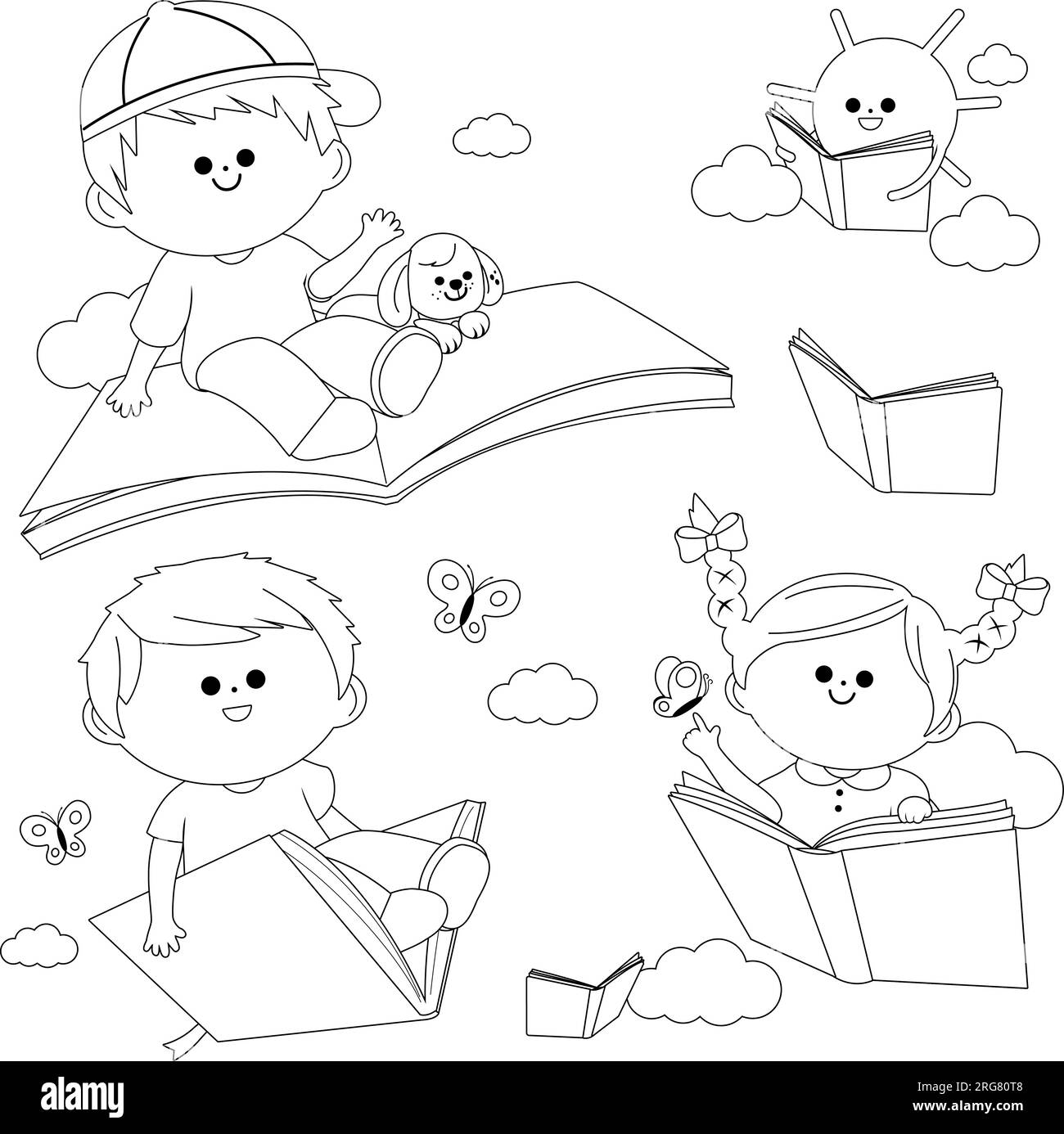 Enfants heureux lisant et volant dans le ciel avec des livres. Page de coloriage en noir et blanc vectoriel. Illustration de Vecteur