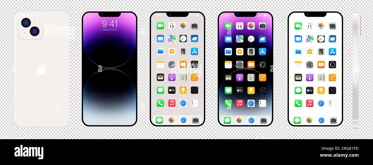 Nouvel iPhone 14 blanc. Apple inc. Smartphone avec ios 14. Écran verrouillé, page de navigation du téléphone, page d'accueil avec 47 applications populaires. Fond noir. Éditeur Illustration de Vecteur
