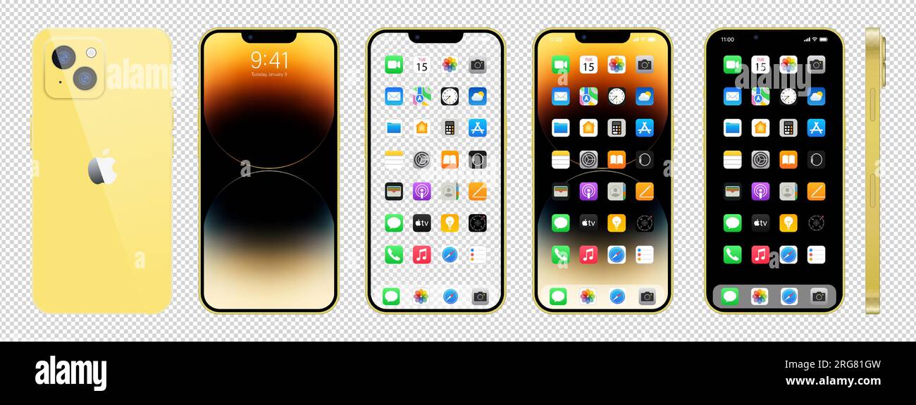 Nouvel iPhone 14 doré. Smartphone Apple inc. Avec ios 14. Écran verrouillé, page de navigation du téléphone, page d'accueil avec 47 applications populaires. Illustration vectorielle EPS10 Illustration de Vecteur