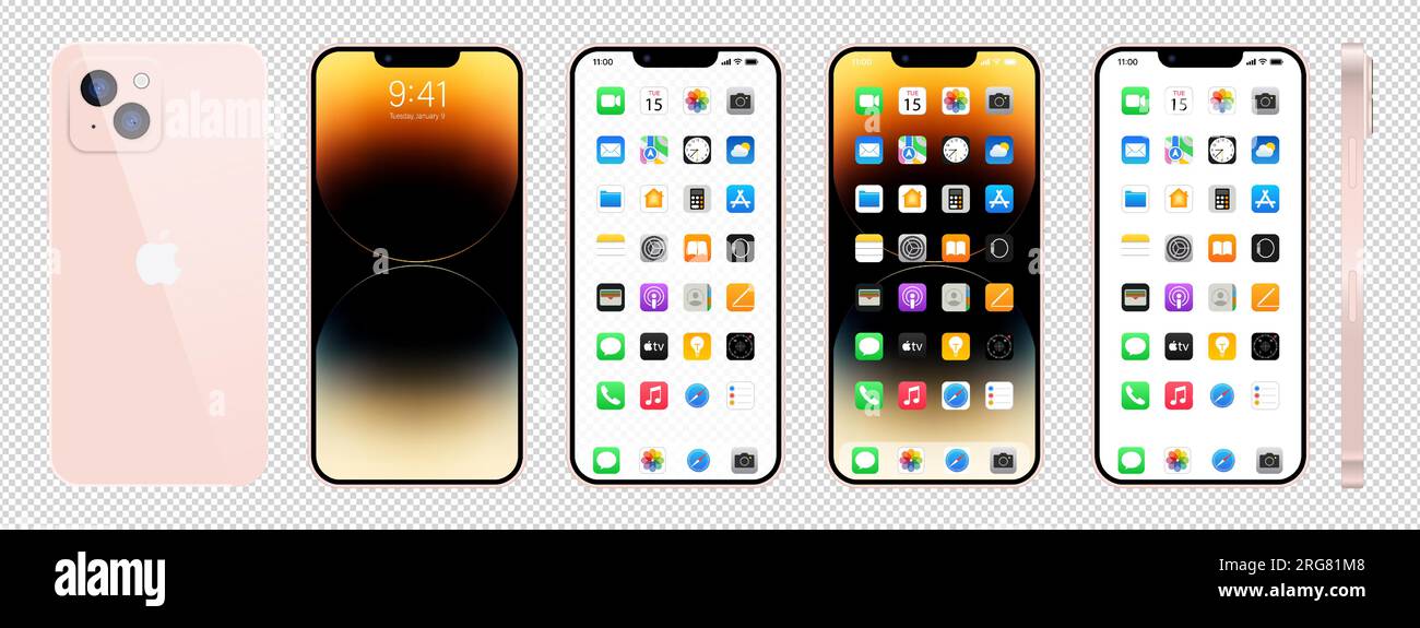 Nouvel iPhone 14 rose. Apple inc. Smartphone avec ios 14. Écran verrouillé, page de navigation du téléphone, page d'accueil avec 47 applications populaires. Fond noir. Editori Illustration de Vecteur