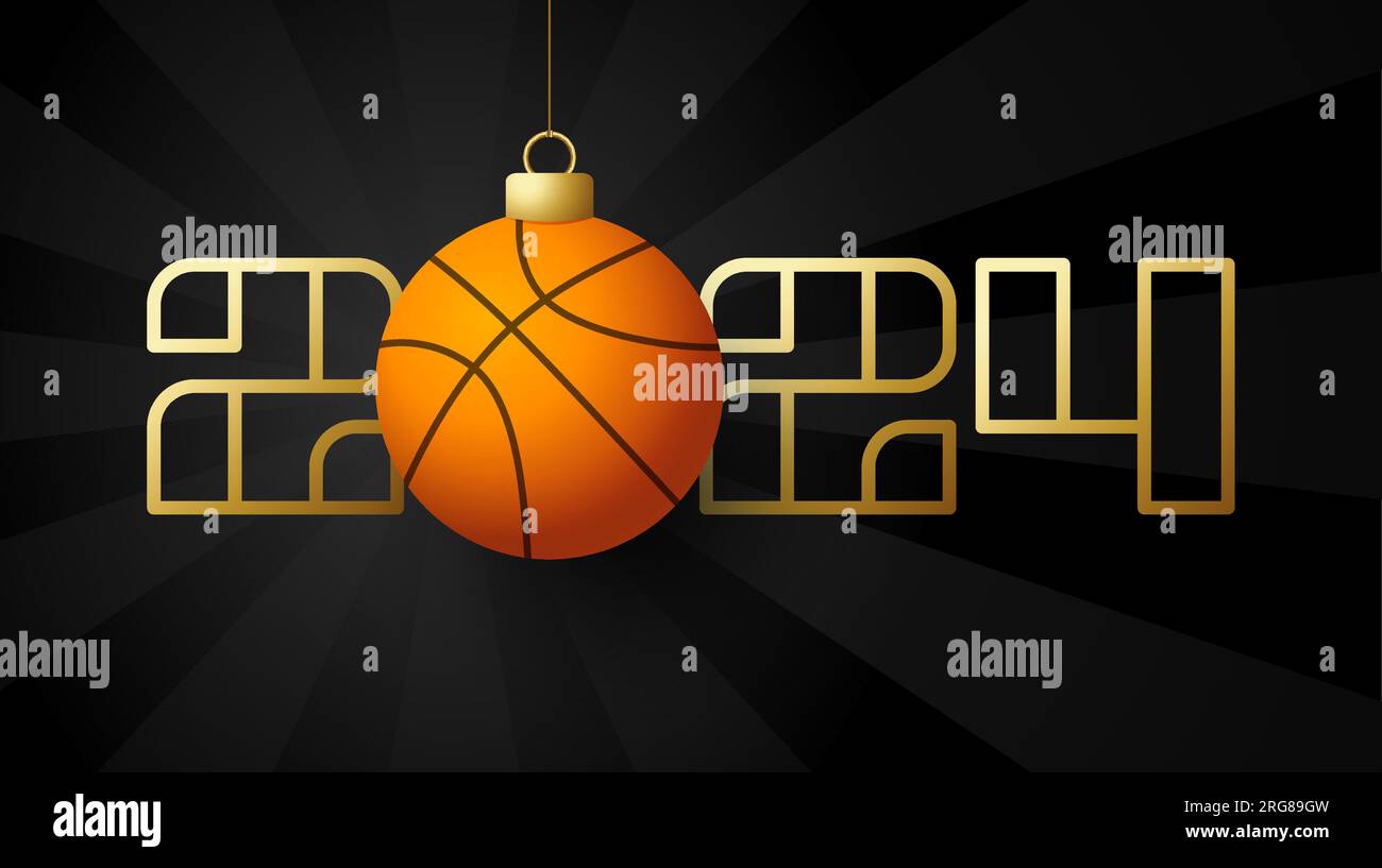Bonne année de basket-ball 2024. Symbole de sport avec balle de basket en  flamme pour la bannière du nouvel an, carte de voeux ou invitation au  tournoi de vacances. Vecteur Image Vectorielle