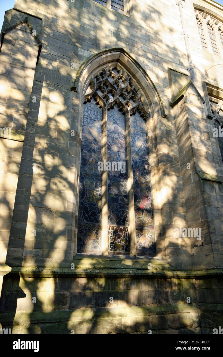 Veuve de l'église de la cathédrale de Newcastle avec la lumière tamisée à travers un arbre. Banque D'Images