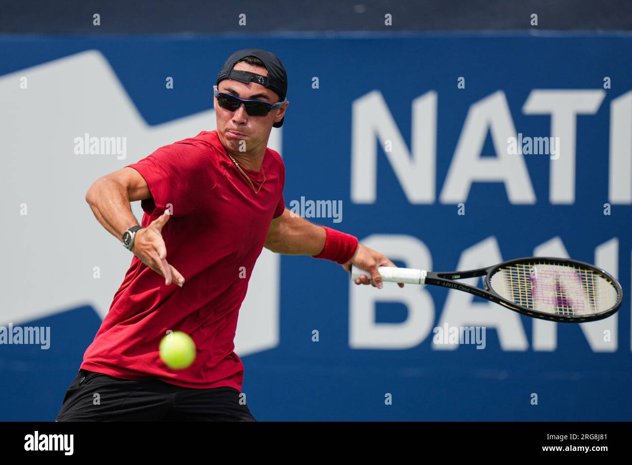 Toronto, Canada, le 05 août 2023 : Justin Boulais, du Canada, en action lors du jour de la ronde de qualification 1 contre Corentin Moutet, de France, au Sobeys Stadium à Toronto, Canada. Moutet a remporté le match, 6-0, 6-3. Banque D'Images