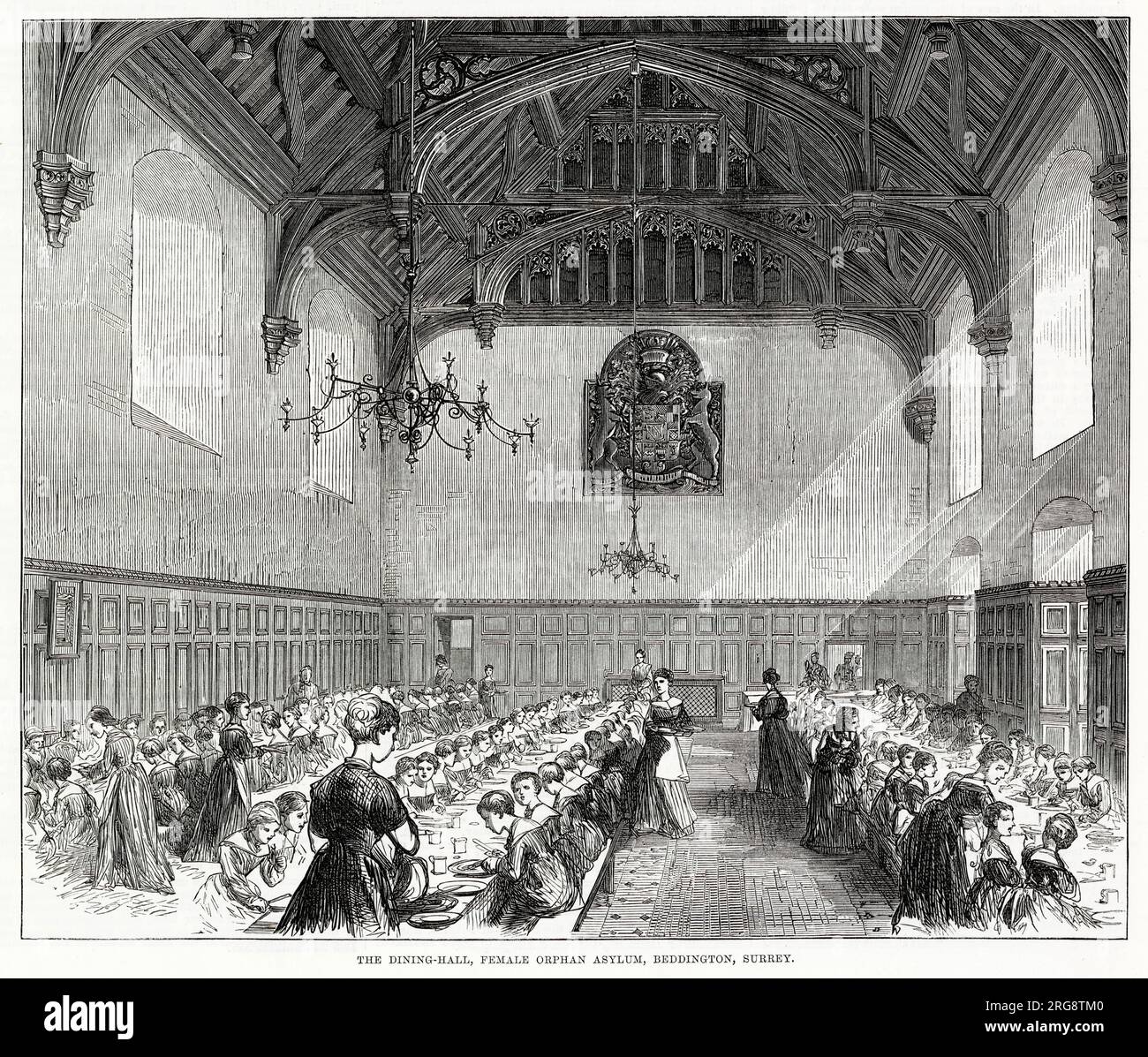 Intérieur dans la salle à manger, asile pour orphelines à Beddington, Surrey. Banque D'Images