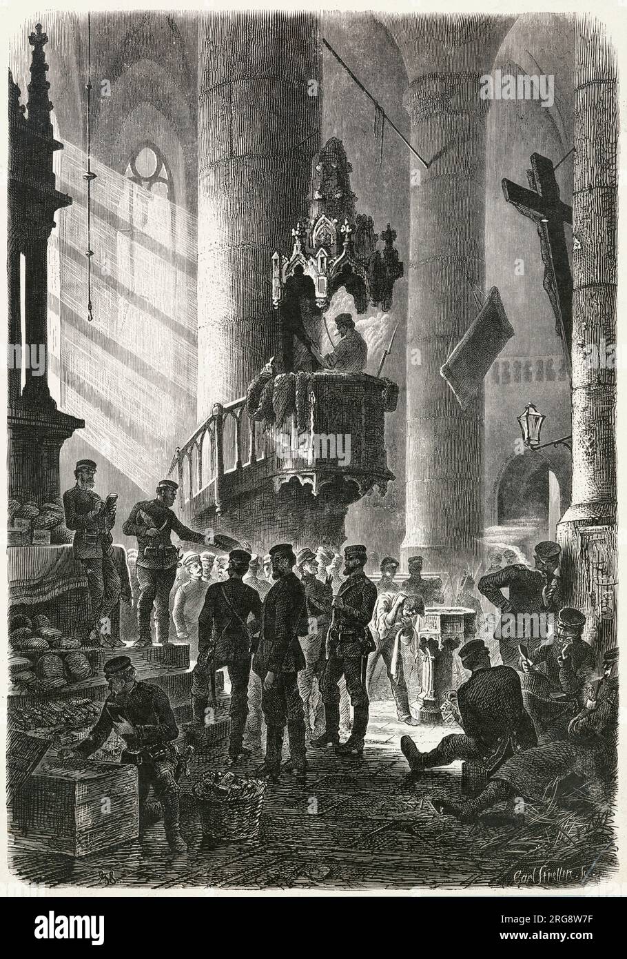 Les Prussiens s'installent dans l'église Saint-Séverin, utilisant la police comme lavabo, l'autel comme magasin d'alimentation... Banque D'Images