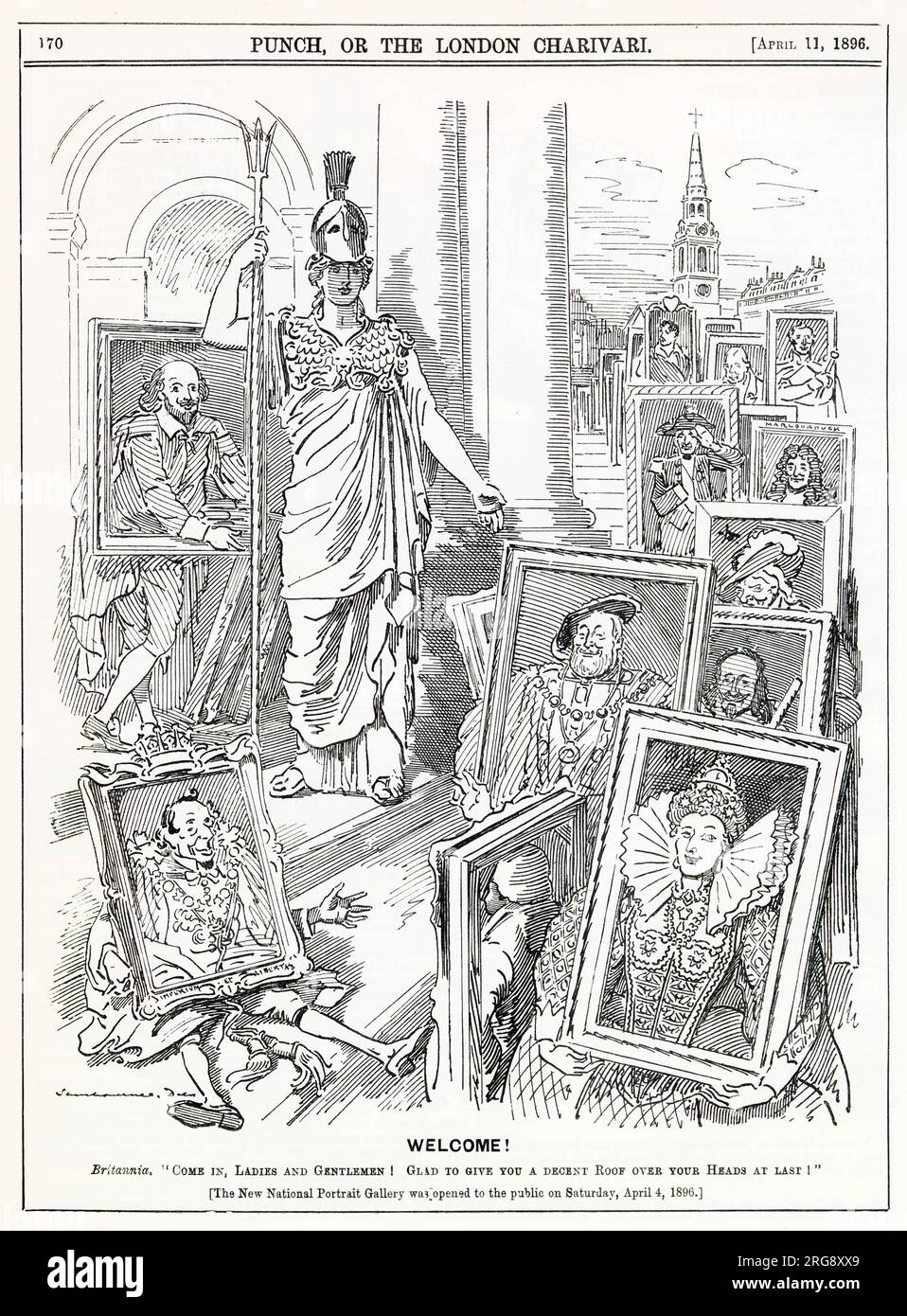 Cartoon, Bienvenue ! Britannia: "Entrez, Mesdames et Messieurs! Heureux de vous donner enfin un toit décent au-dessus de vos têtes!". Un commentaire sur l'ouverture de la National Portrait Gallery le samedi 4 avril 1896. Banque D'Images