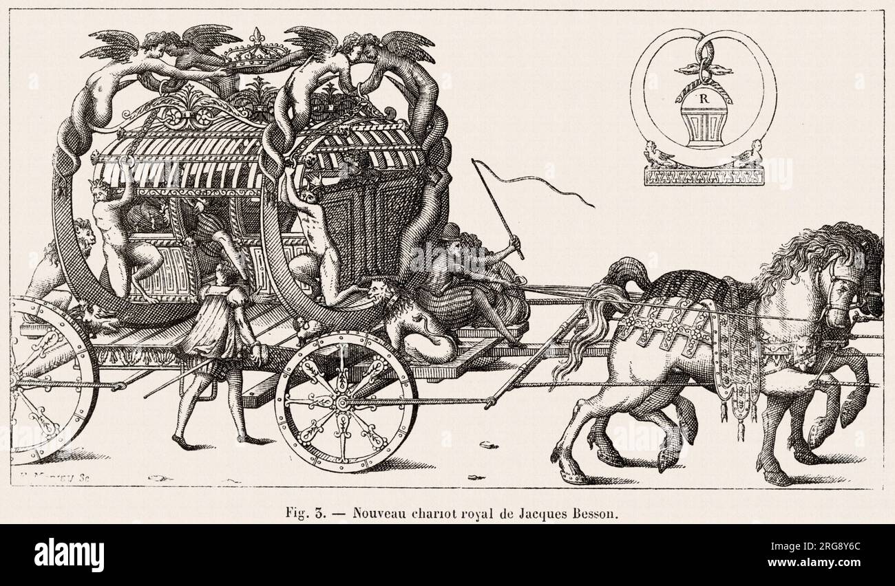 Conception d'une nouvelle calèche royale par Jacques Besson - il a l'air très lourd, mais les chevaux ont l'air bon et fort ! Banque D'Images