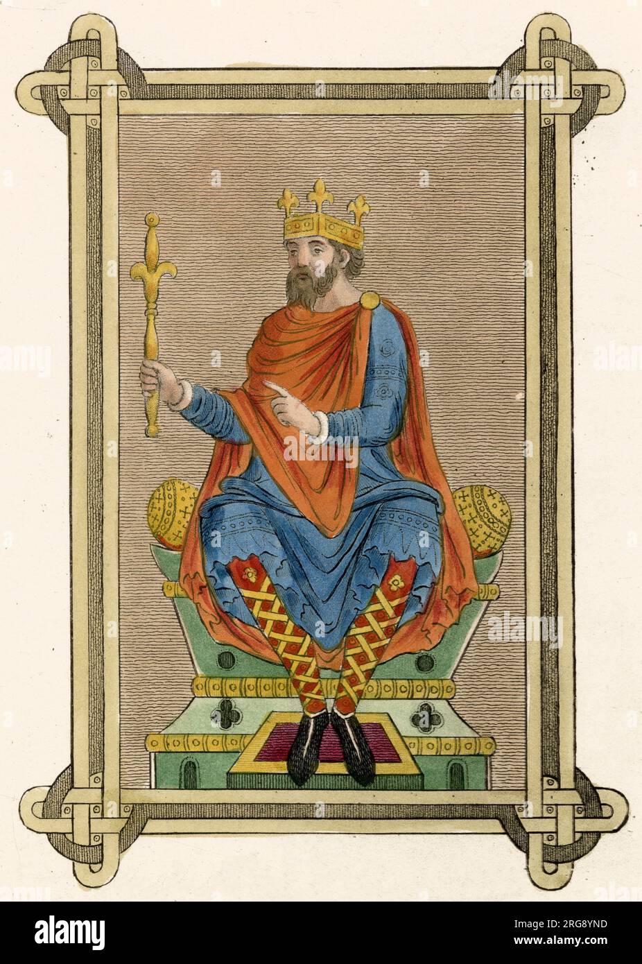 Le roi anglo-saxon dans son habit d'État porte une tunique bleue avec ourlet brodé, un manteau fixé avec une broche, un tuyau rouge avec des bandages de jambe entrecroisés or et une couronne carrée. Banque D'Images