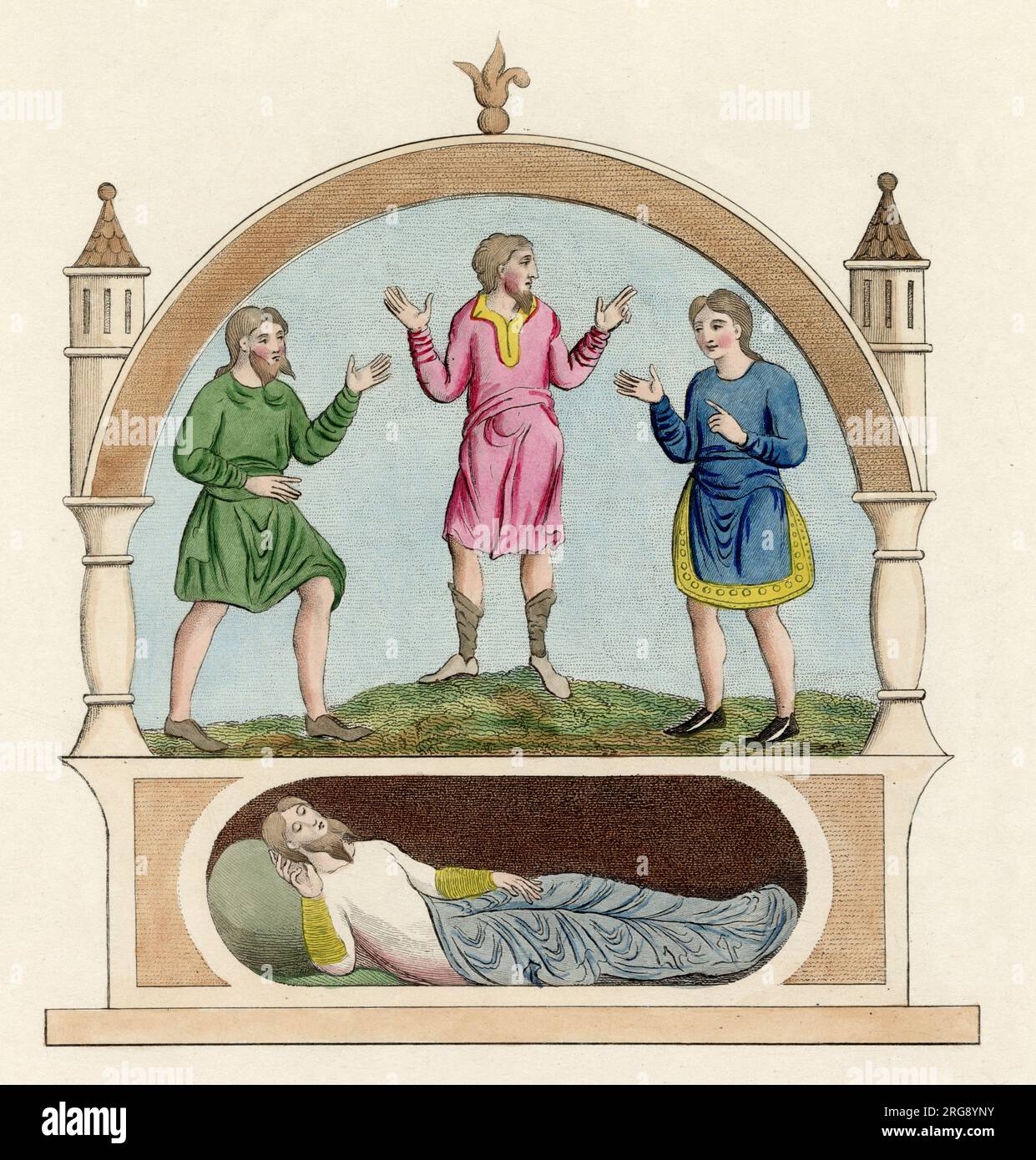 Anglo-Saxons : tunique courte avec ceinture et fente verticale courte à partir du cou, tunique courte avec fentes latérales et large bordure brodée. N.B barbes fourchues. Banque D'Images