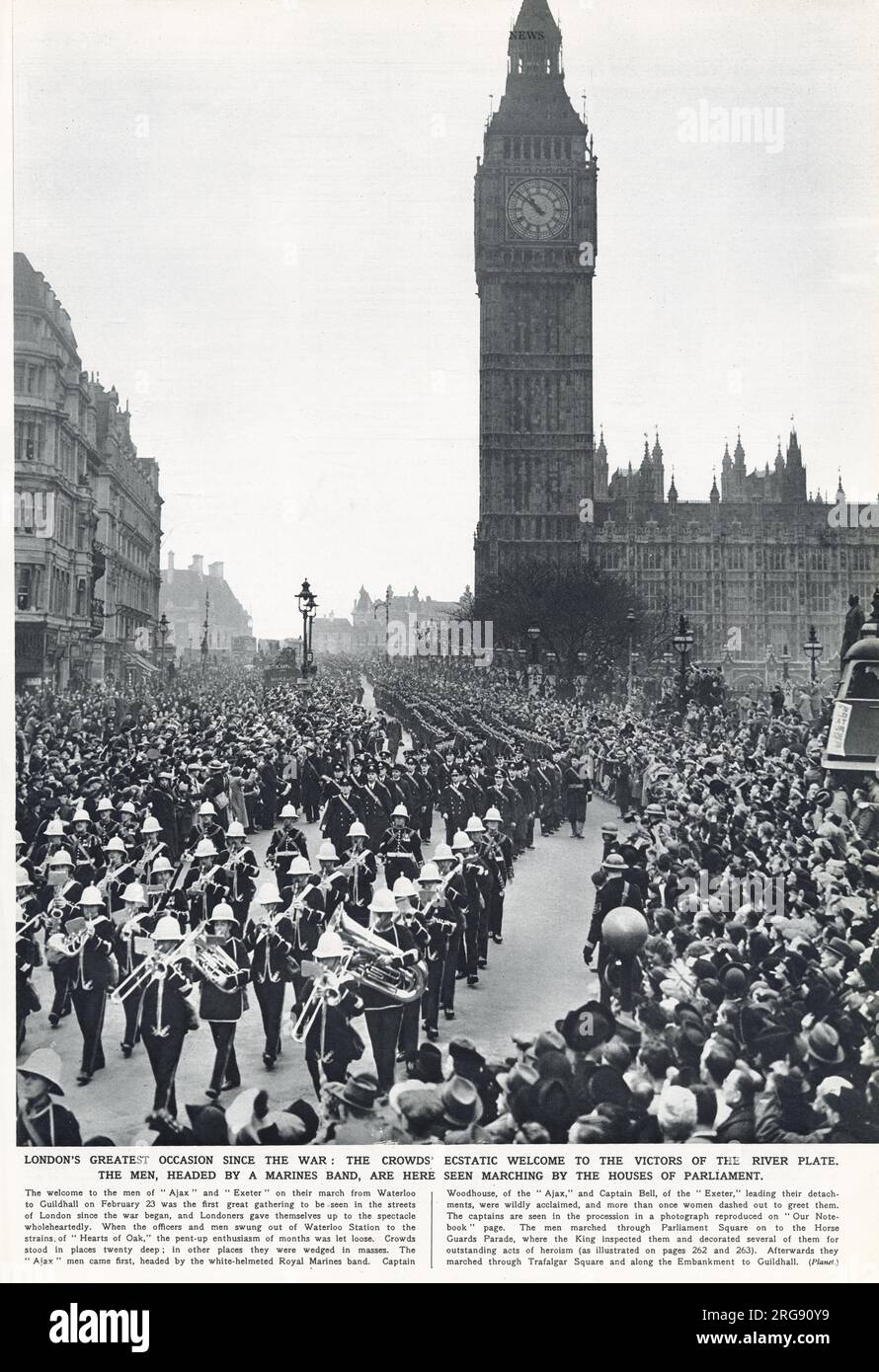 Victoire de la bataille de la plate, où le HMS Ajex, Exerter Achilles combattit dans l'Atlantique Sud le 13 décembre 1939, première bataille navale de la Seconde Guerre mondiale. Le premier grand rassemblement à être vu dans les rues de Londres depuis le début de la guerre, les foules extatiques pour accueillir les vainqueurs. Banque D'Images