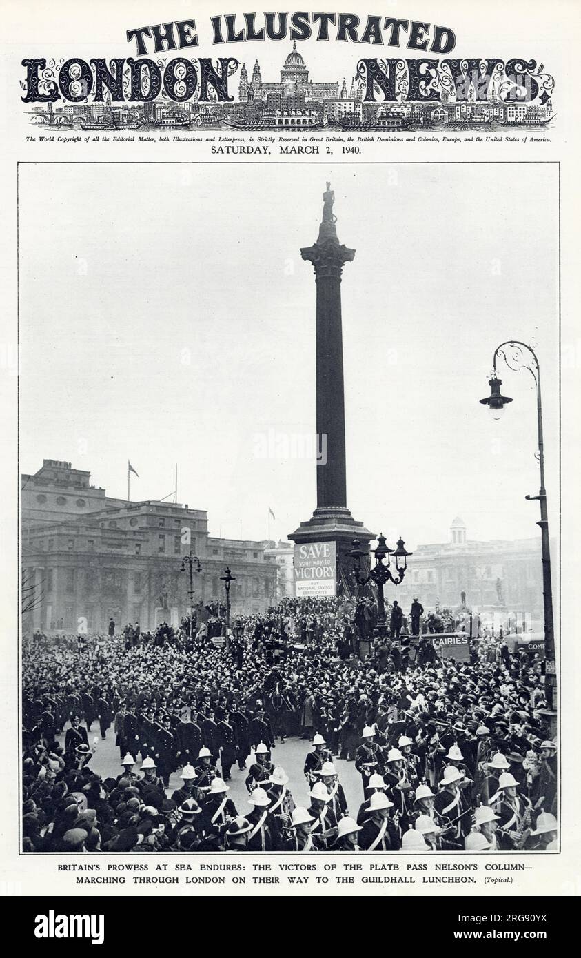 Victoire de la bataille de la plate, où le HMS Ajex, Exerter Achilles combattit dans l'Atlantique Sud le 13 décembre 1939, première bataille navale de la Seconde Guerre mondiale. Des foules de gens qui regardent la parade de la victoire en passant dans les rues de Londres sur leur chemin vers Guildhall Luncheon. Banque D'Images