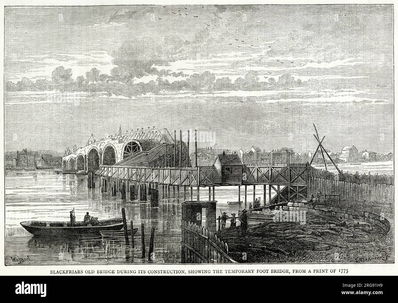 Blackfriars ancien pont pendant la construction, montrant le pont de pied temporaire, achevé en 1769. Banque D'Images