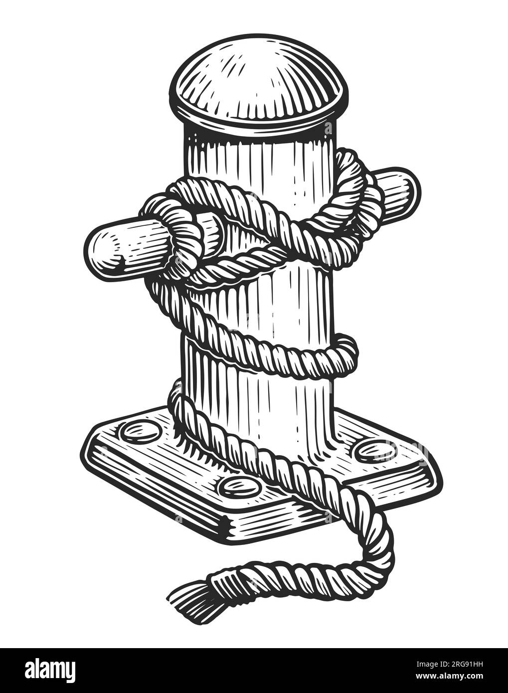 Vieux bollard marin avec corde attachée sur la jetée. Dessin dessiné à la main illustration vintage Banque D'Images