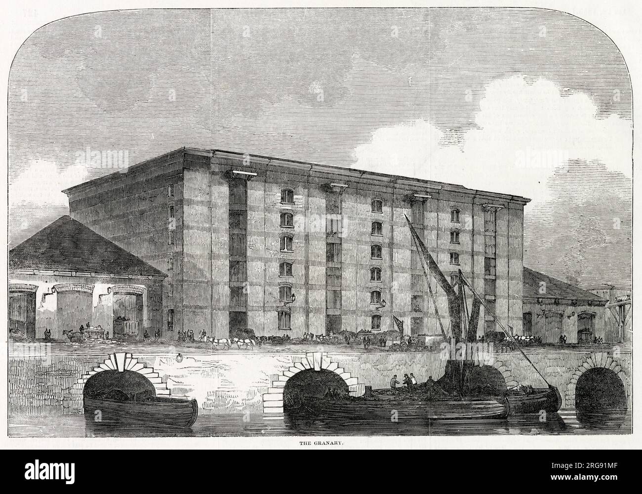 Le Great Northern Railway (GNR) était une compagnie de chemin de fer britannique constituée en société en 1846 dans le but de construire une ligne entre Londres et York. Se rendre dans les champs de coalfields de Notinghamshire, Derbyshire et Yorkshire, et établir la domination dans le Lincolnshire et le nord de Londres. Le Granary (hangar de marchandises), montre à une extrémité le canal à Battlebridge, Londres, sous le centre de la plate-forme, les bateaux peuvent ainsi entrer dans le hangar et avoir des marchandises de toutes sortes vers ou depuis les camions de chemin de fer comme le cas peut-être. Banque D'Images